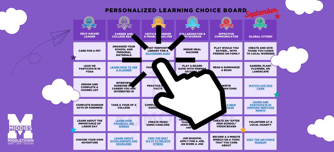 choice board for personalized learning day with an icon showing to click on a link